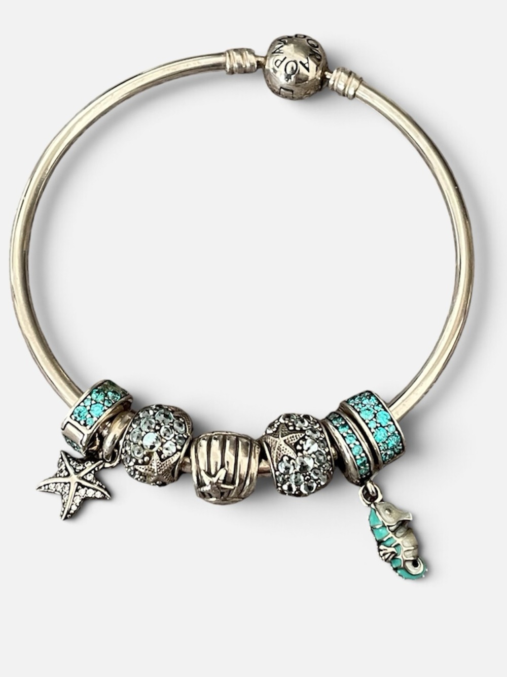 Pandora Sterling Silver Charm Bangle Bracelet with Turquoise Accent Beads